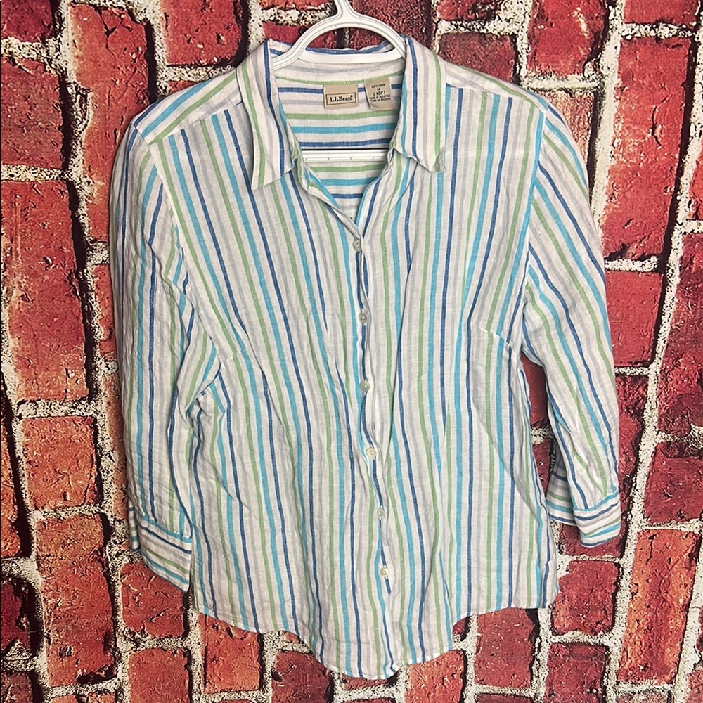 L.L.Bean Striped Linen Button-Up women’s Shirt - Medium Striped Button-Up Shirt